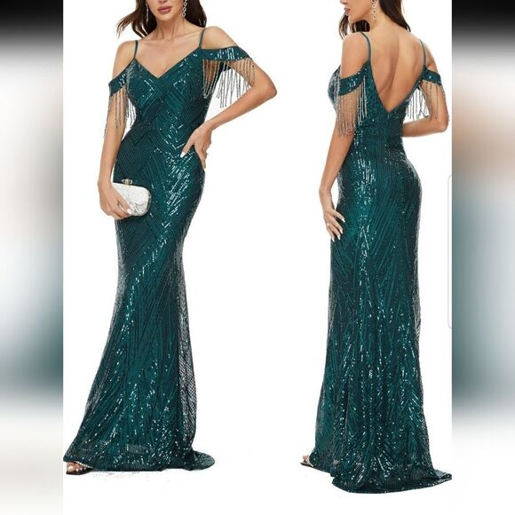 Women's V Neck Off Shoulder Sequin Tassel Mermaid Maxi Prom Dress Sparkly Glitte - Picture 1 of 16